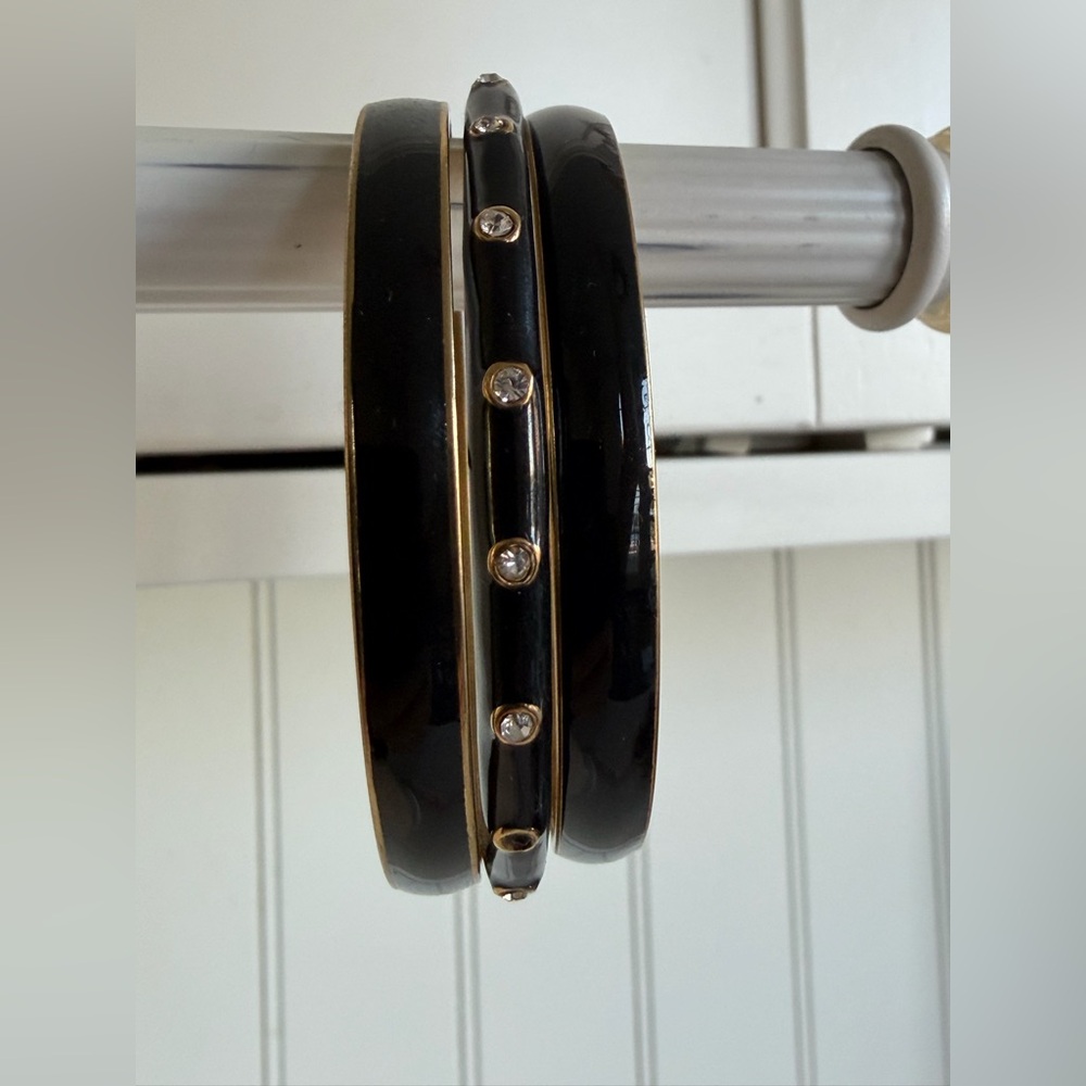 J.Crew Black & Gold-Tone Bangle Set of 3 – Rhinestone Accent Stackable Bracelets